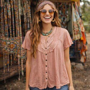 Free People We The Free Sophia Henley Top Womens Small Pale Mauve Knitted Cotton